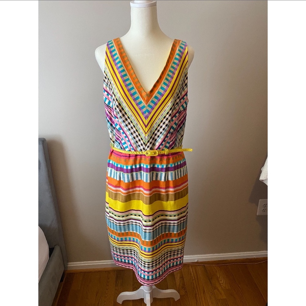 London Times colorful patterned summer dress with yellow belt